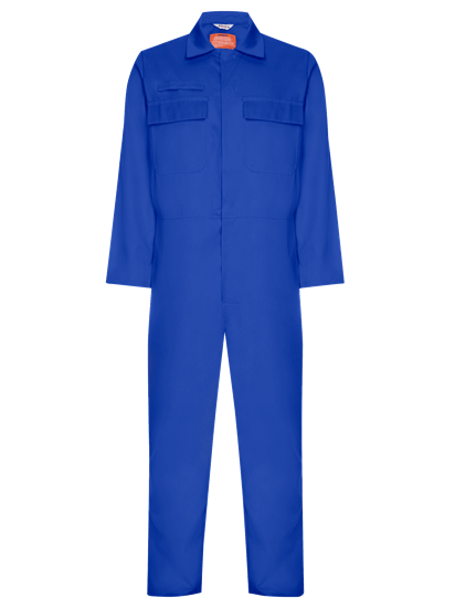 front image of coverall made from phoenix in royal blue