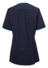 back of modern tunic in navy with peacock trim