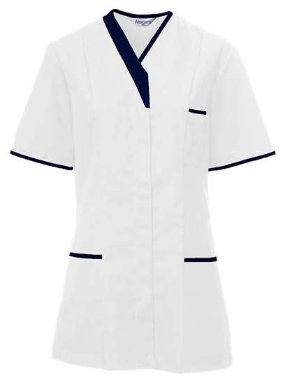 modern tunic in white with navy trim