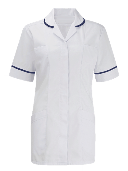 female advantage tunic in super white with navy trim