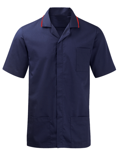 male advantage tunic in navy with red trim