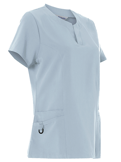 side angle of female 4 way stretch tunic sky blue