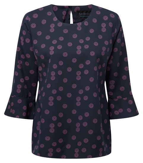 Picture of Semi Fitted Blouse Flute Sleeves - Navy/Pink Sienna Print